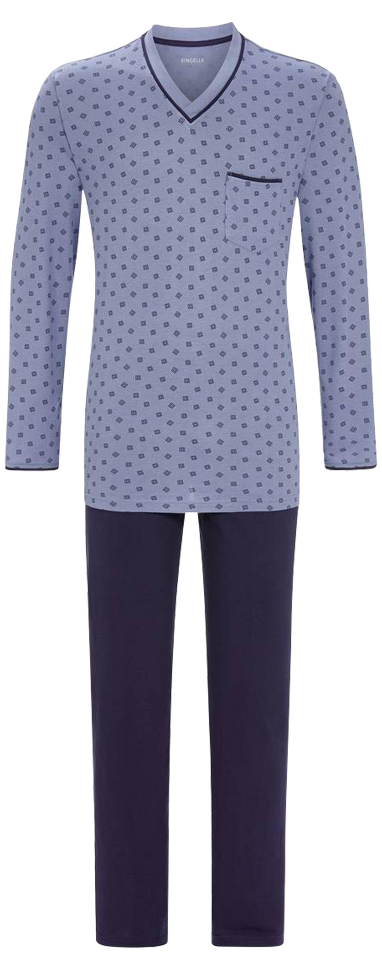 pyjama long ringella en coton : tee-shirt manches longues et col v bleu à motif géométrique bleu marine