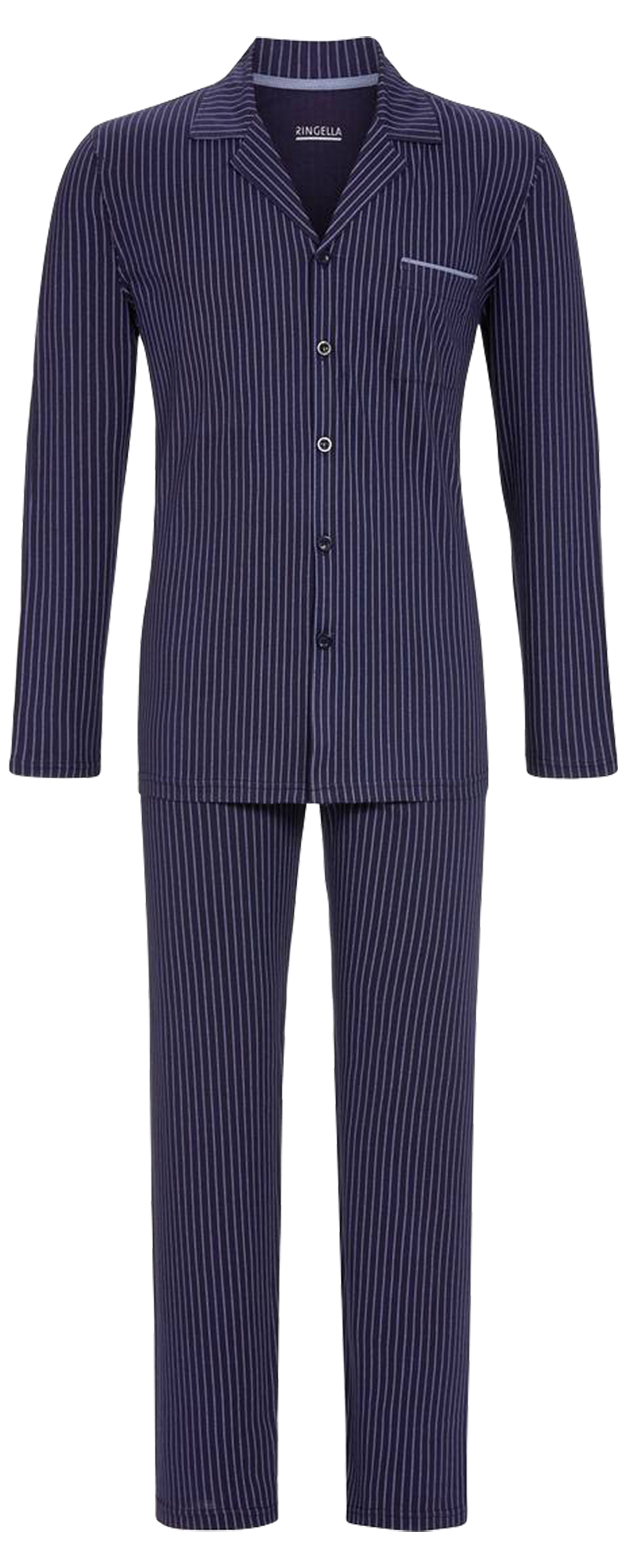 Pyjama long coupe ouverte Ringella en coton : tee-shirt manches longues à col revers bleu marine à r