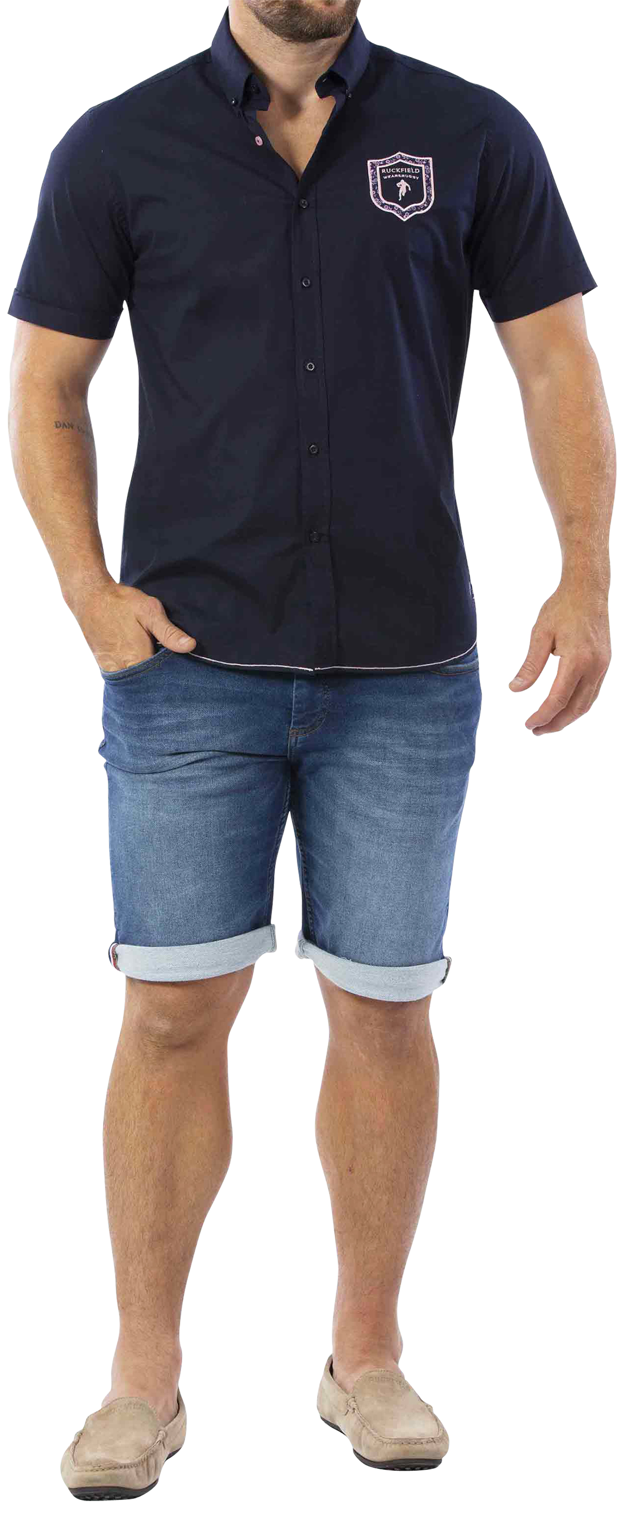 chemise ruckfield en coton avec manches courtes et col américain bleu marine