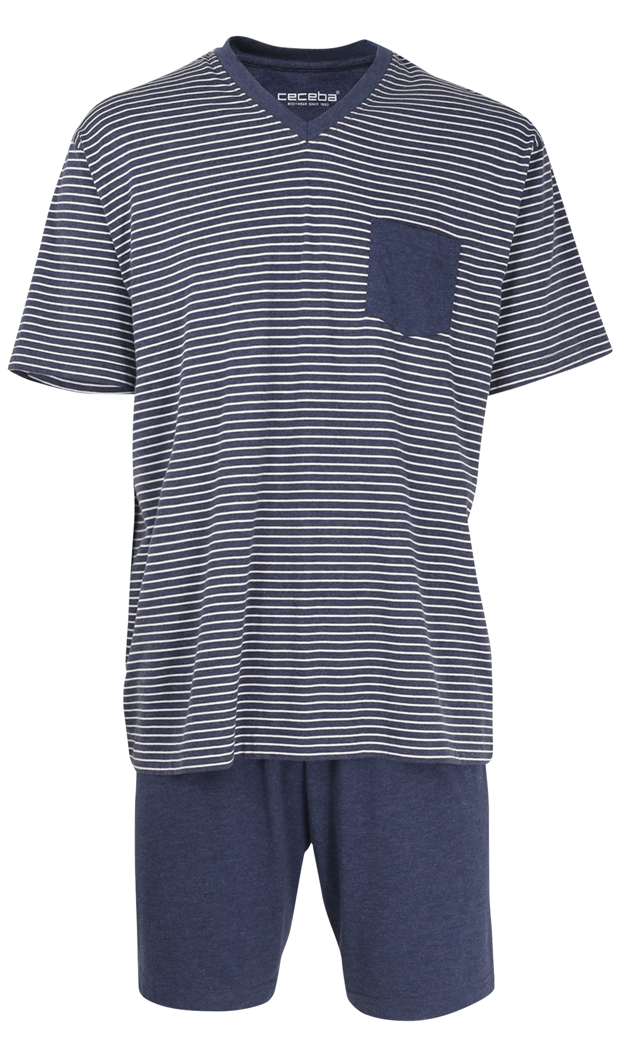 pyjama court ceceba en coton bleu marine avec rayures horizontales à coupe fermée et col v