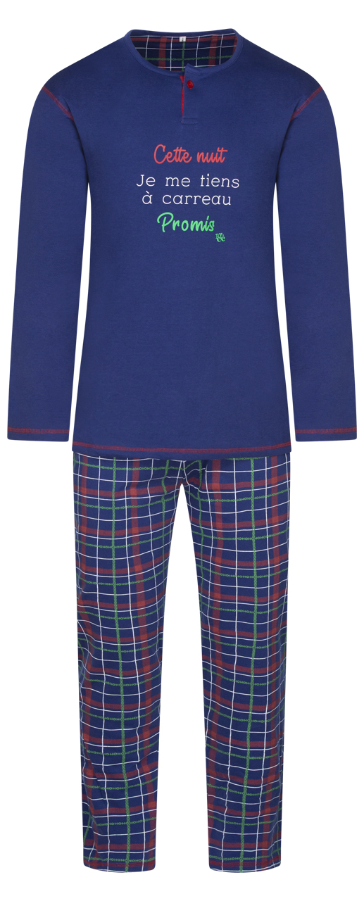pyjama long avec manches longues et col tunisien christian cane coton bleu carreaux