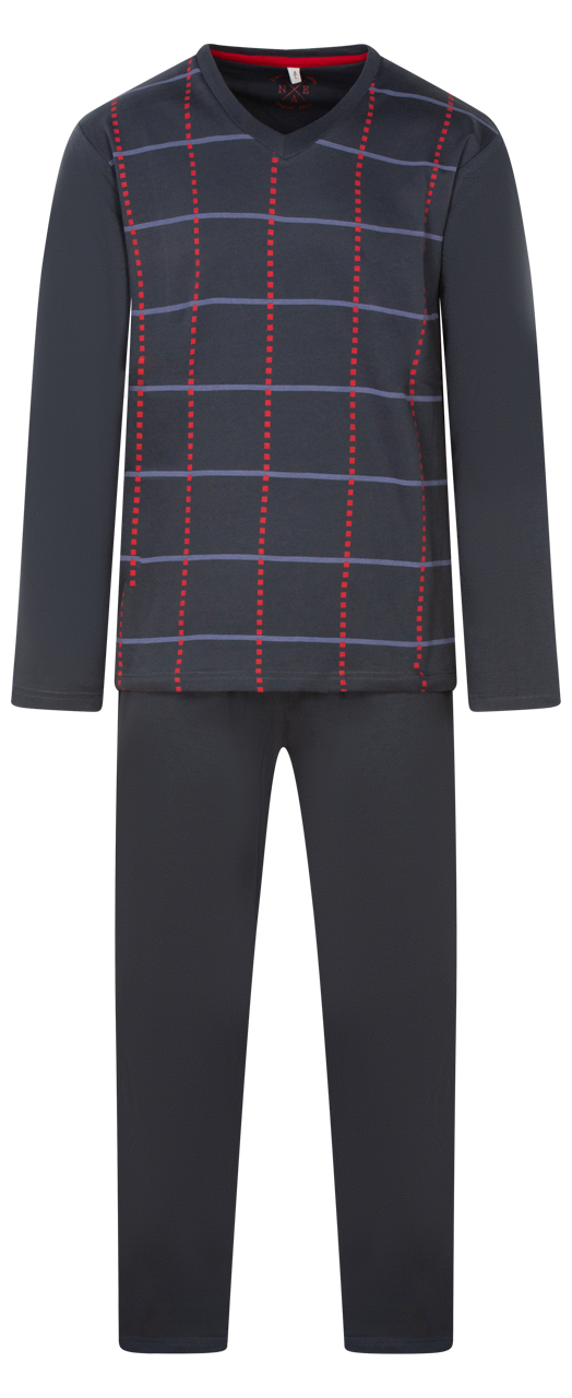 pyjama long christian cane coton avec manches longues et col v gris carreaux