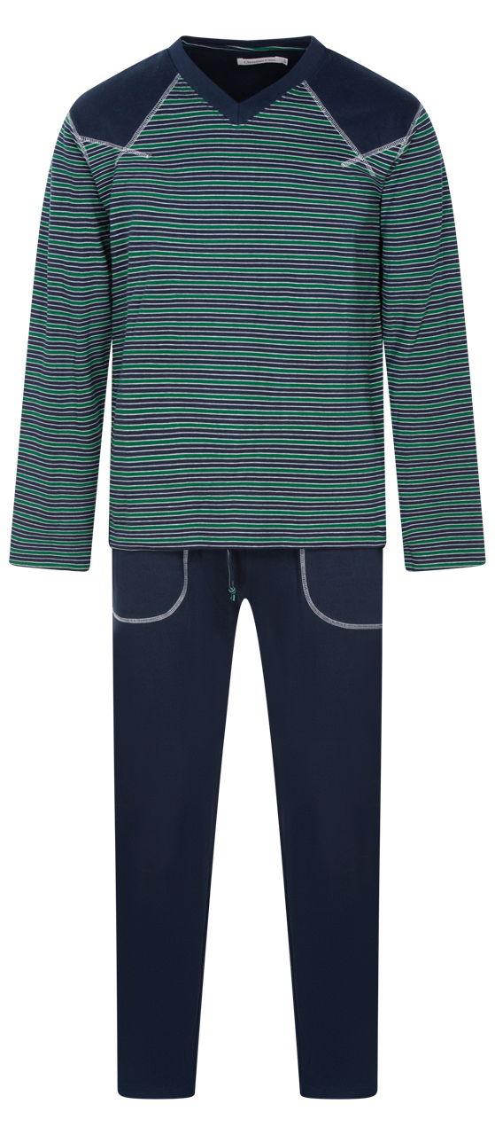 pyjama long christian cane en coton avec manches longues et col v bleu marine rayé