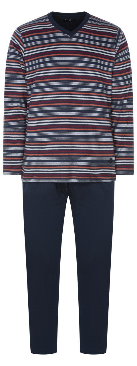 pyjama long guasch coton fermé avec manches longues et col croisé marine rayé