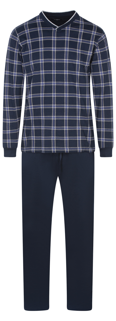 pyjama long guasch en coton fermé avec manches longues et col croisé bleu marine à carreaux