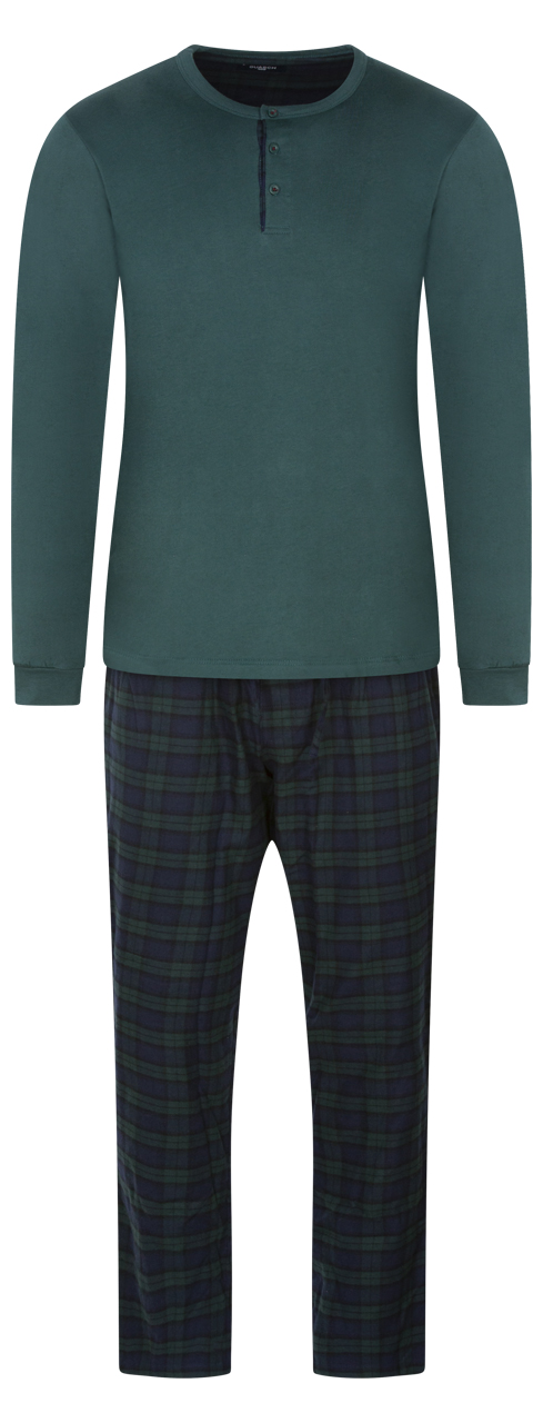 pyjama long guasch coton avec manches longues et col tunisien vert sapin