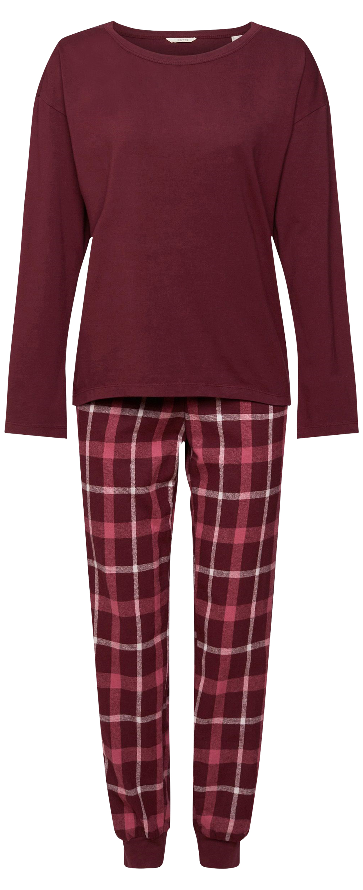 pyjama long esprit en coton avec manches longues et col rond bordeaux carreaux
