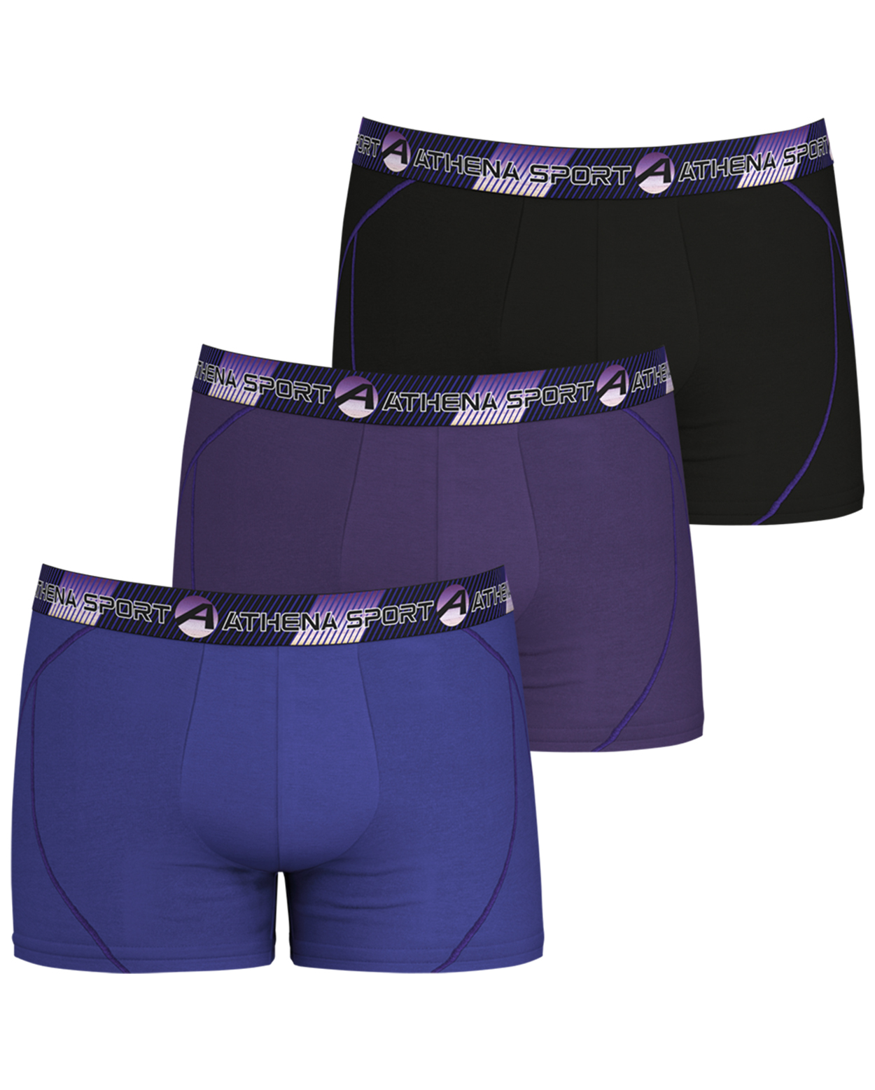 lot de 3 boxers athena multicolore avec nom de la marque inscrit en violet sur la ceinture élastiquée noire