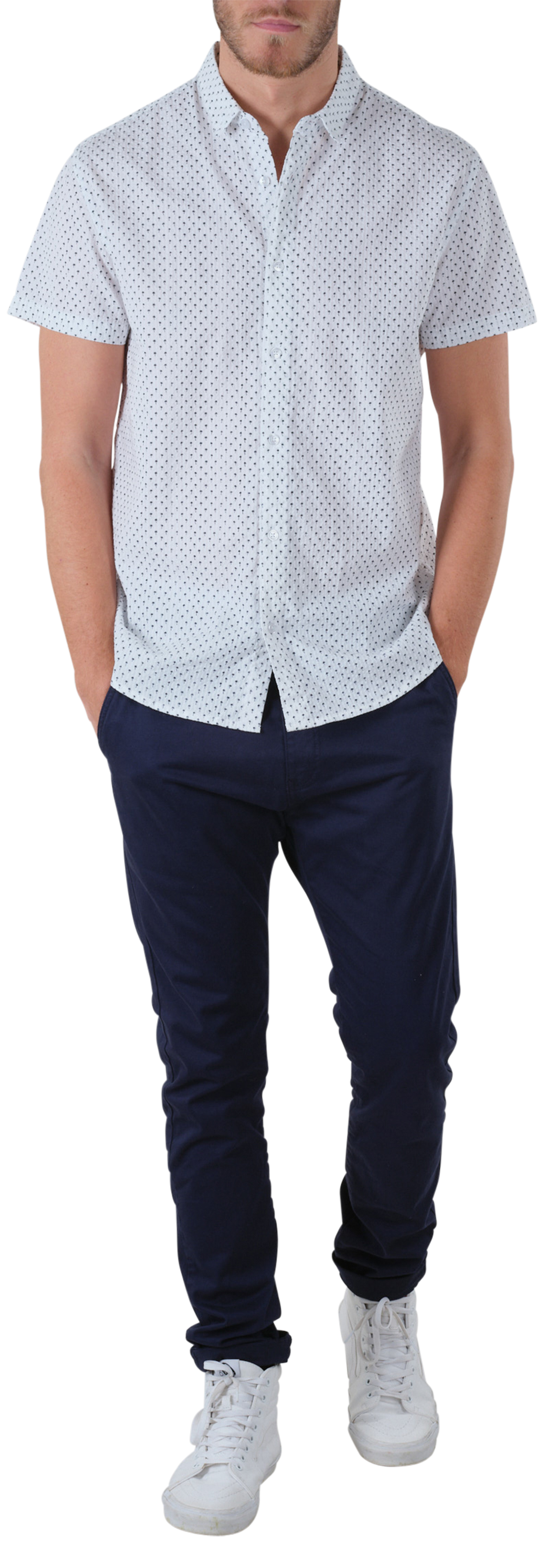 chemise manches courtes avec une coupe droite et un col français deeluxe en coton blanc imprimé palmiers bleu marine