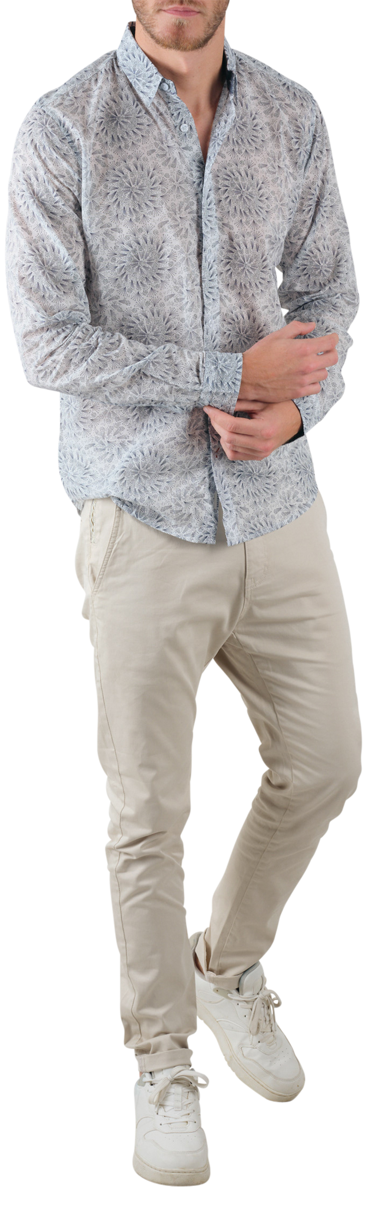 chemise droite deeluxe en coton avec manches longues et col italien blanche fleurie