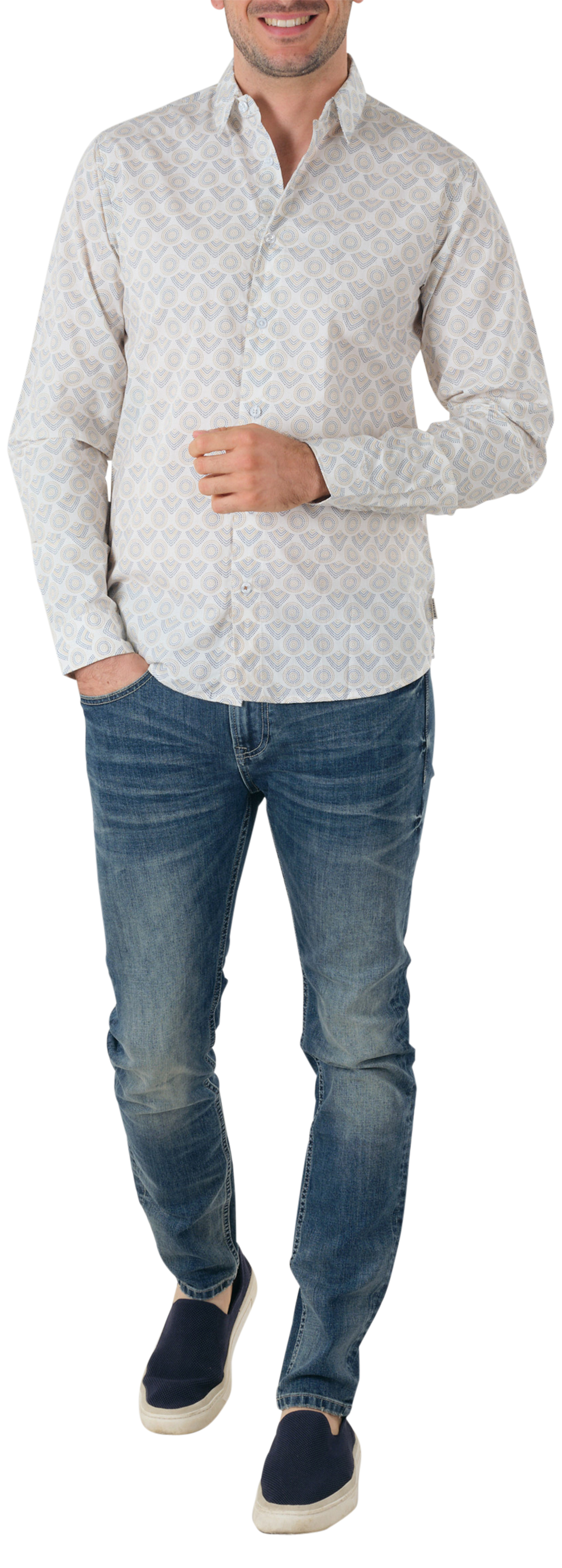 chemise droite deeluxe en coton avec manches longues et col italien blanche imprimé éventail