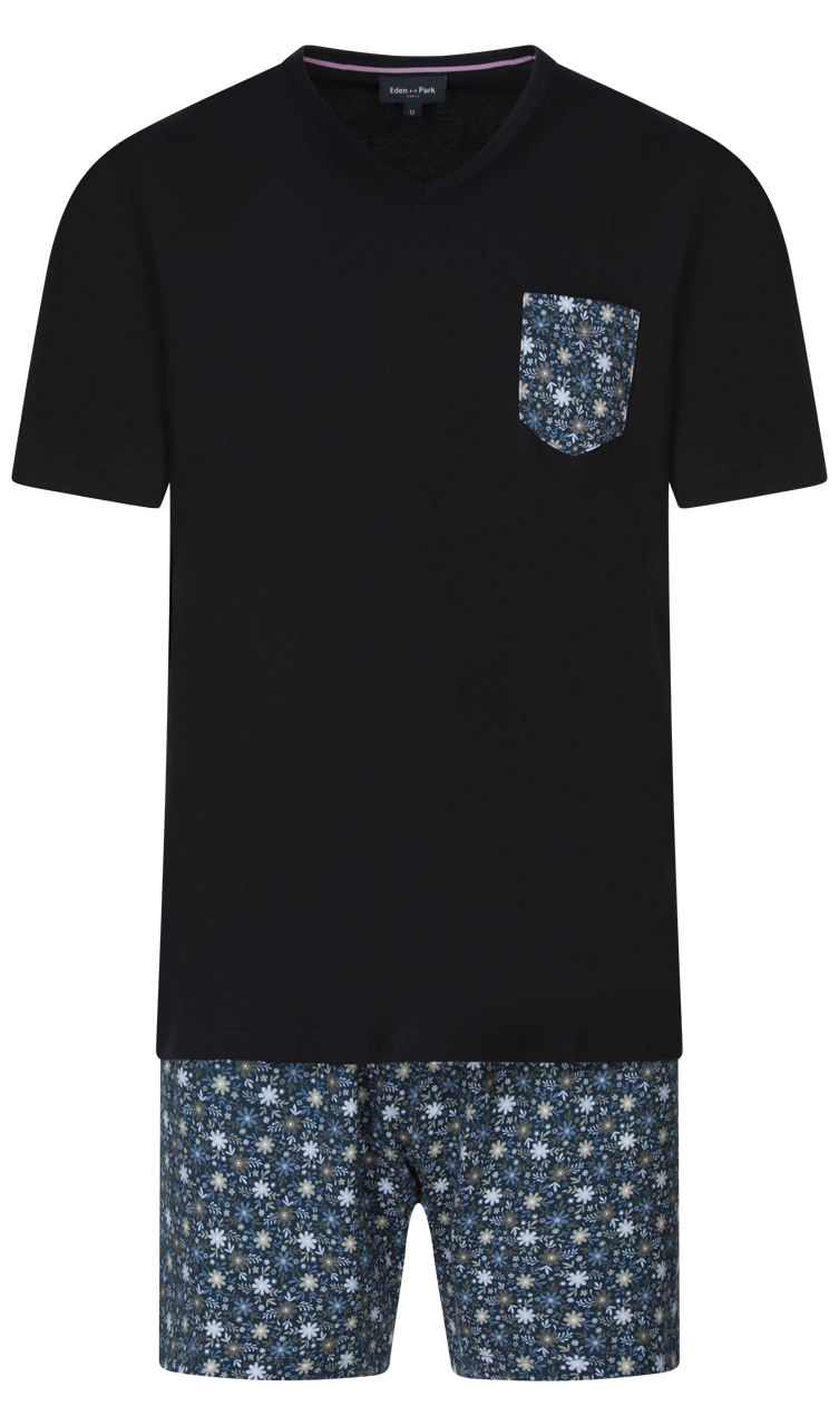 Pyjama court Eden Park en coton avec manches courtes et col v bleu fleuri