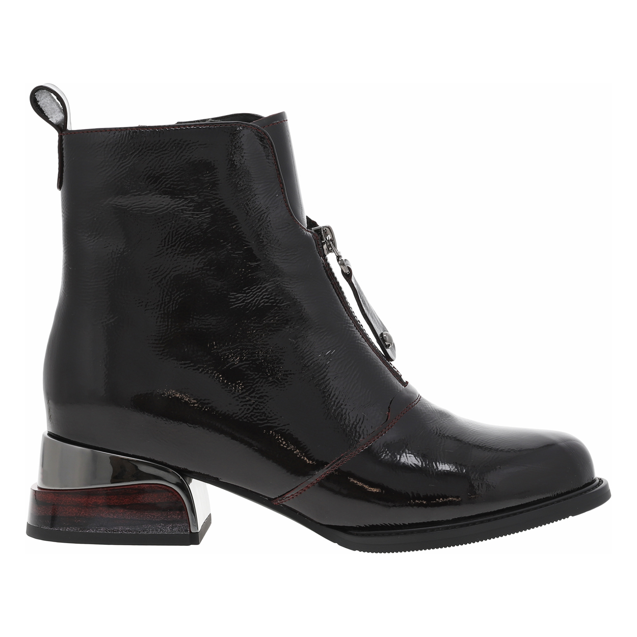 boots femme metamorf'ose en cuir vernis bordeaux avec patch effet miroir sur le talon décroché bas