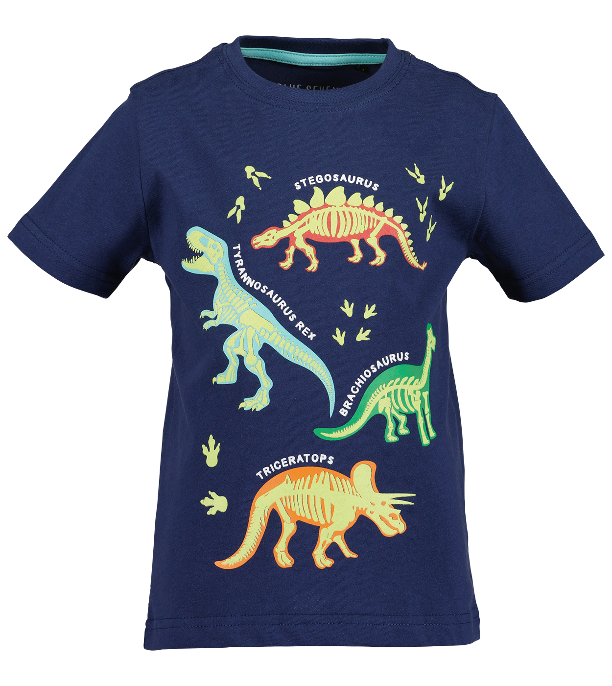 t-shirt blue seven en coton bleu marine avec un imprimé dinosaure multicolores