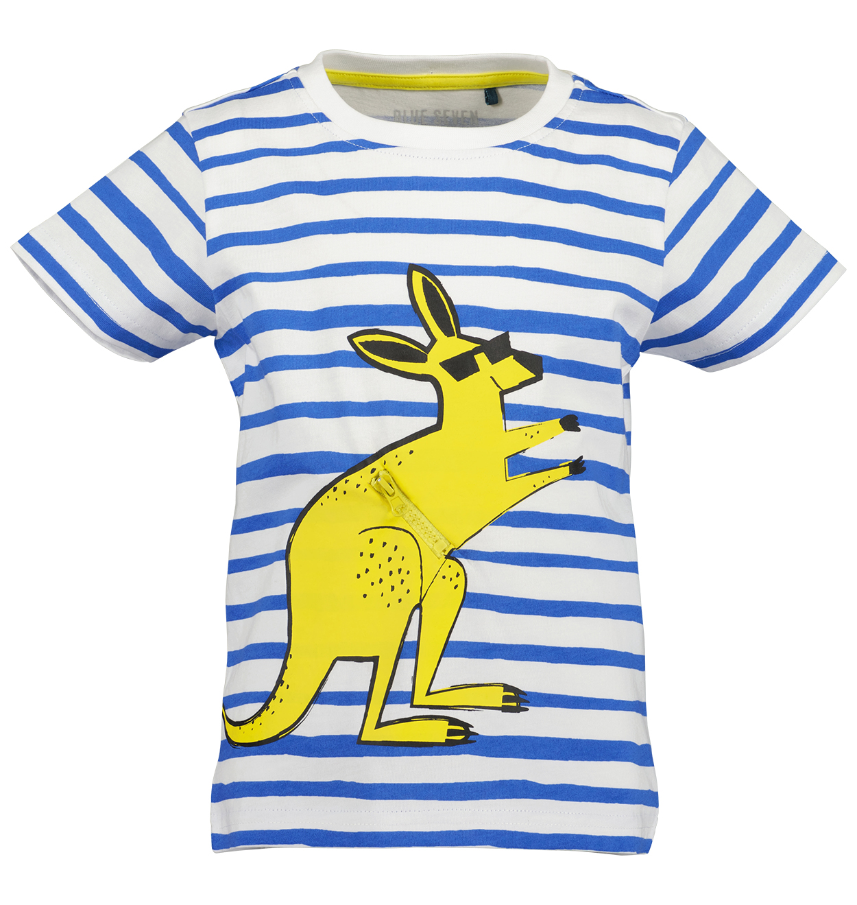 t-shirt blue seven en coton blanc rayé bleu avec un kangourou jaune