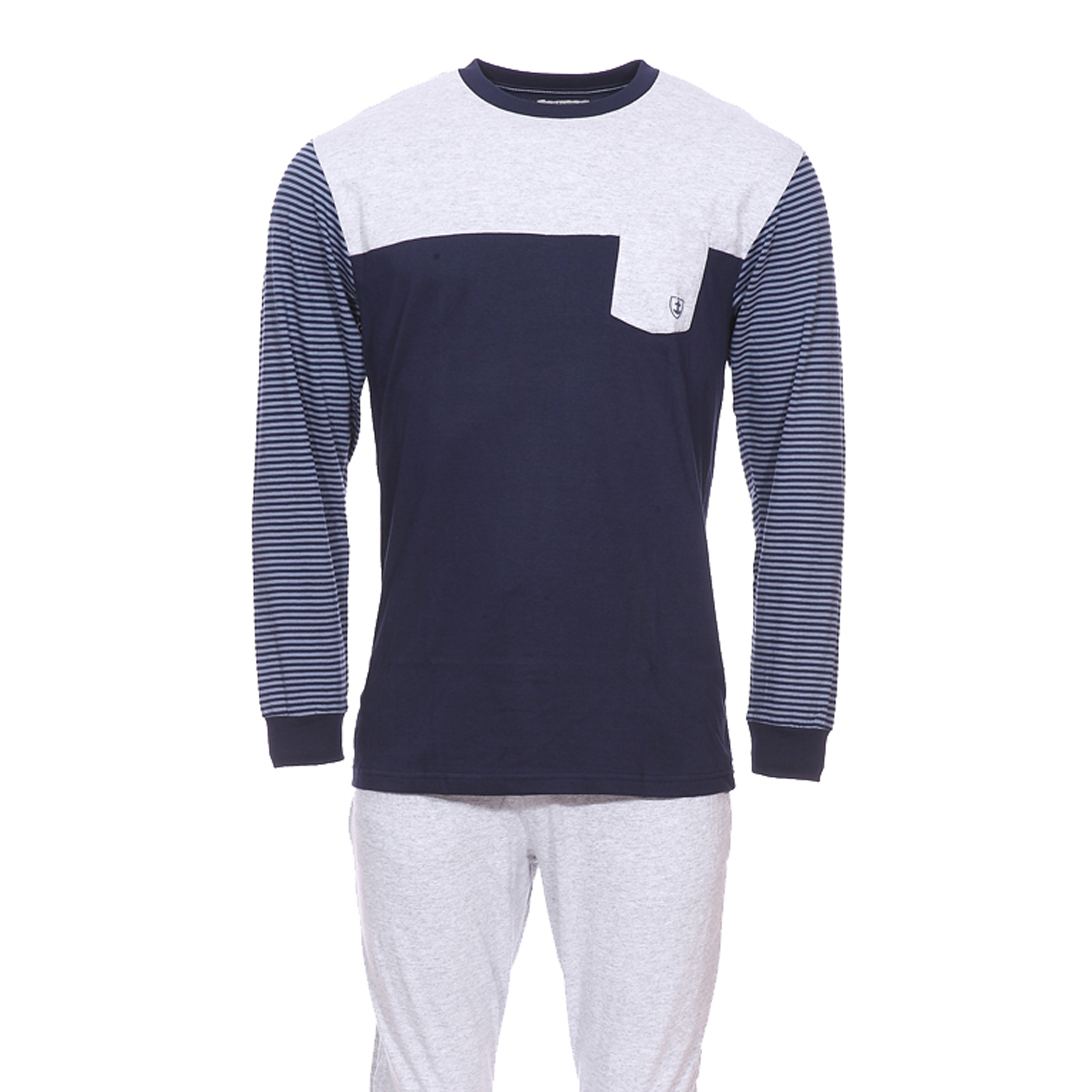 Pyjama long Mariner en jersey de coton : tee-shirt manches longues col rond bleu marine et gris chin