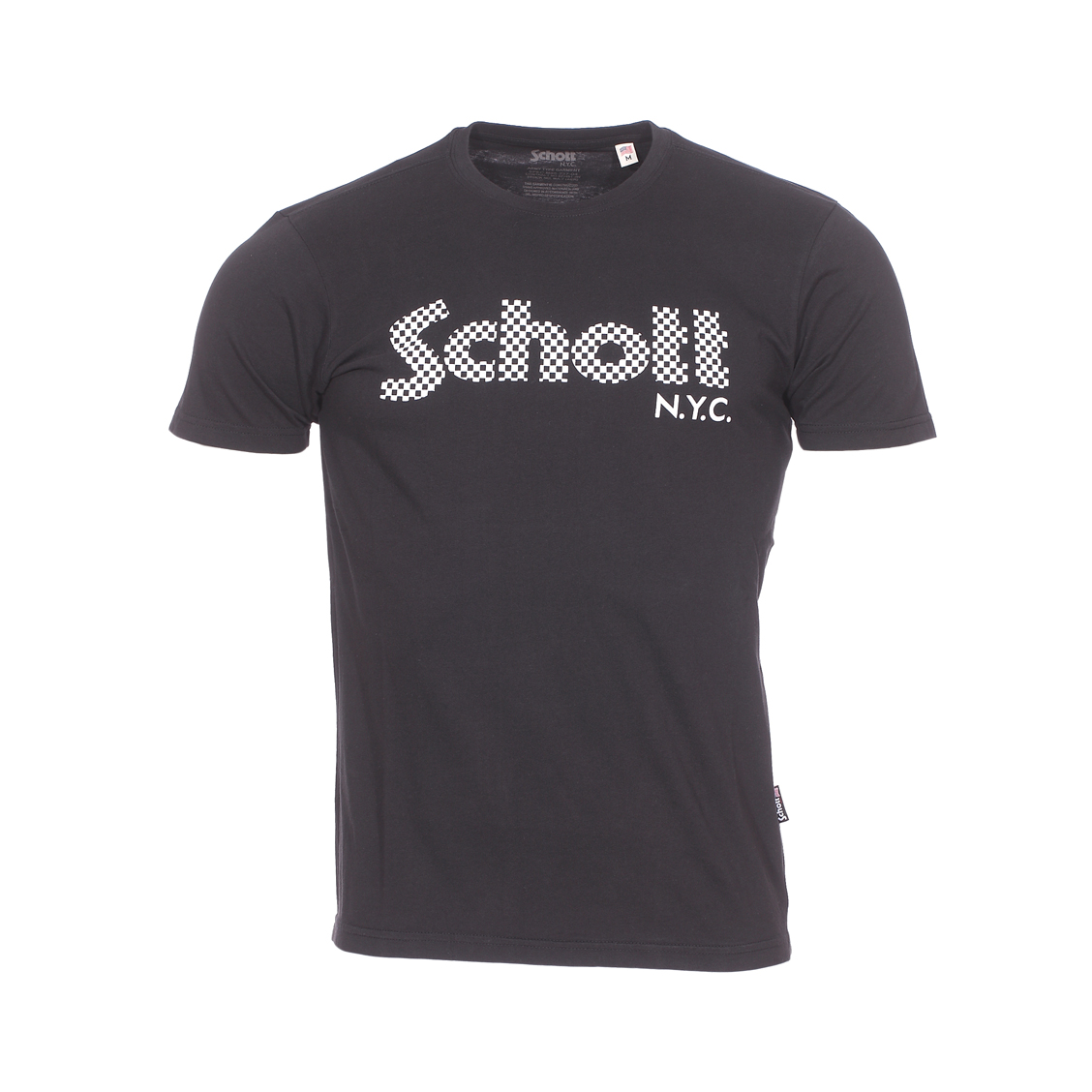 Tee-shirt col rond Schott en coton noir floqué en damier noir et blanc