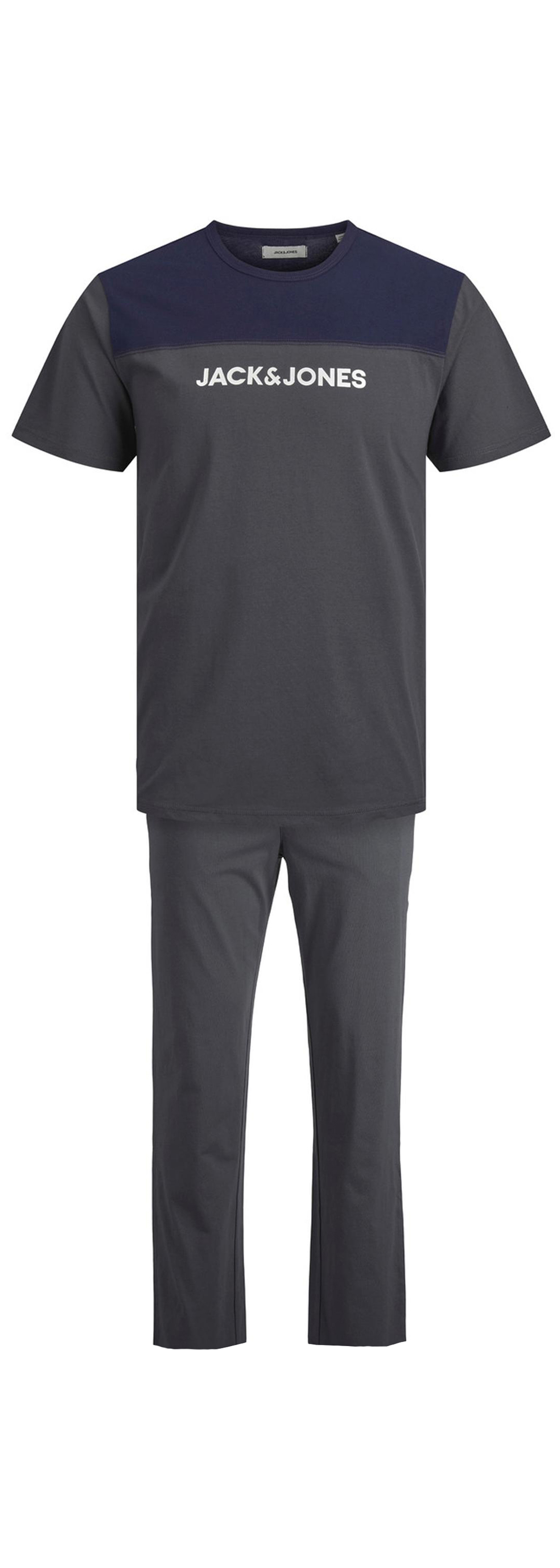 pyjama jack & jones en coton : tee-shirt col rond gris anthracite et bleu marine et pantalon gris anthracite