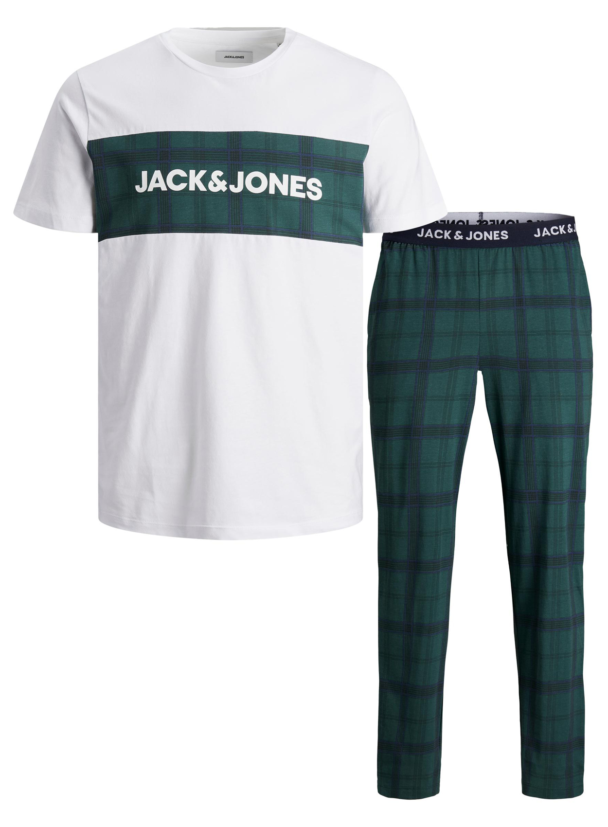 pyjama jack & jones jactrain en coton : tee-shirt blanc floqué et pantalon vert sapin à carreaux