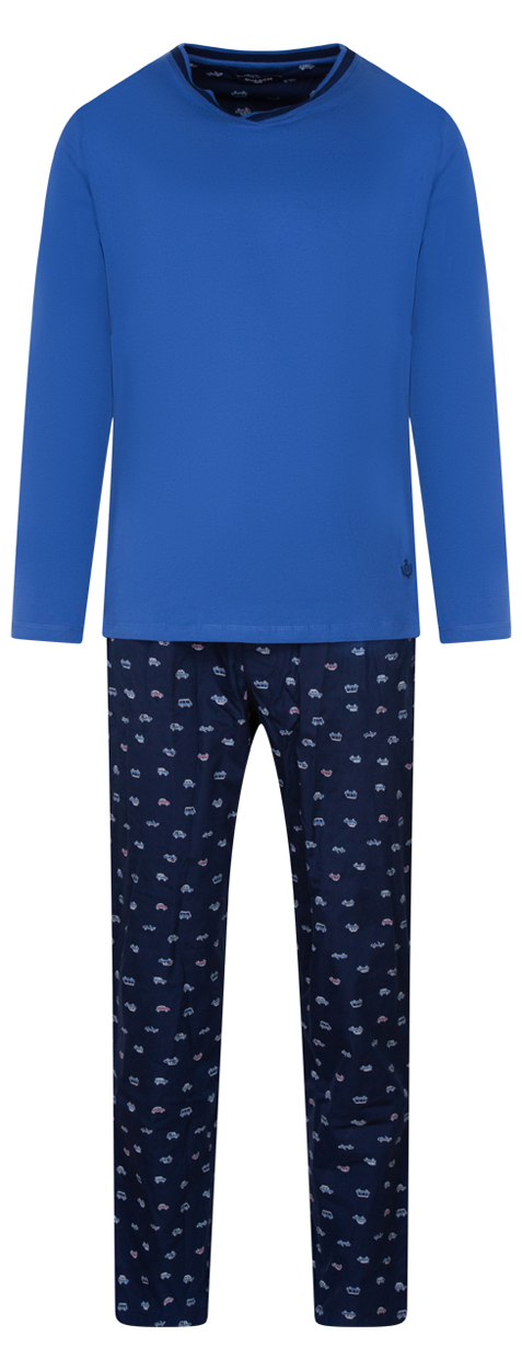 pyjama long guasch en coton : tee-shirt manches longues bleu indigo et pantalon bleu marine à motifs