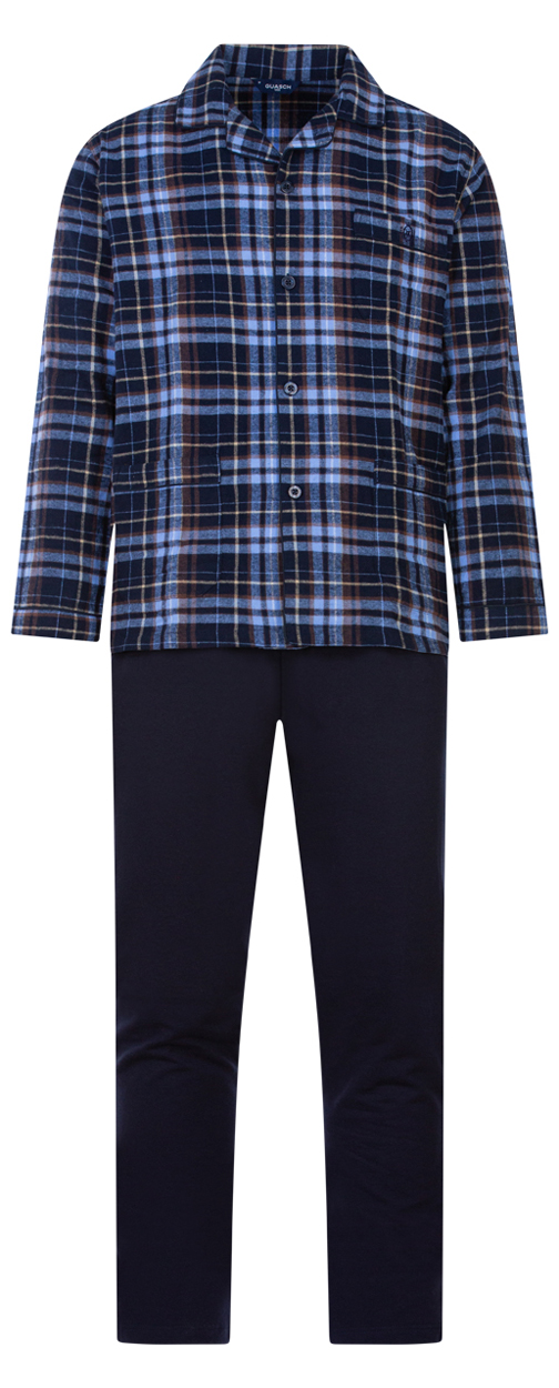 pyjama long guasch en coton : chemise bleu marine à carreaux et pantalon bleu marine