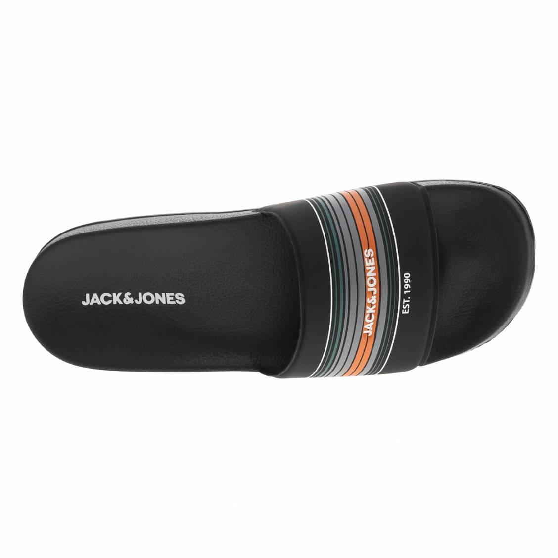 Claquettes Jack & Jones noires à semelle antidérapante et liserés sur le  coup-de-pied