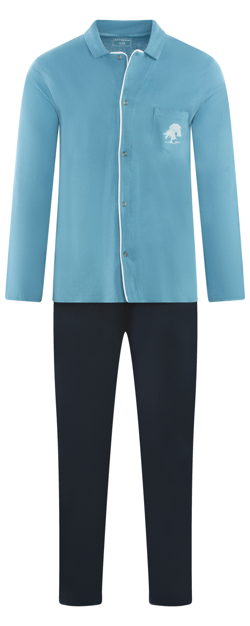 Pyjama long Athena en coton biologique : chemise manches longues bleue et pantalon bleu marine