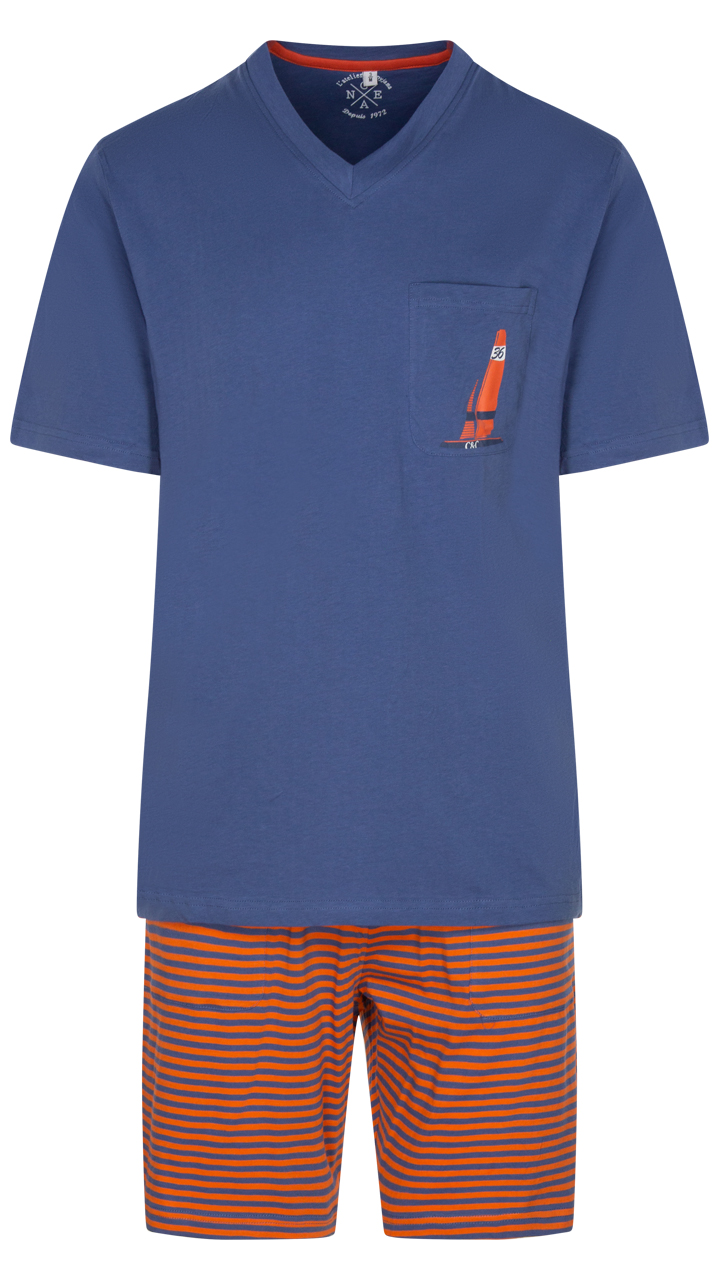 pyjama court christian cane nicola en coton bleu et orange à rayures