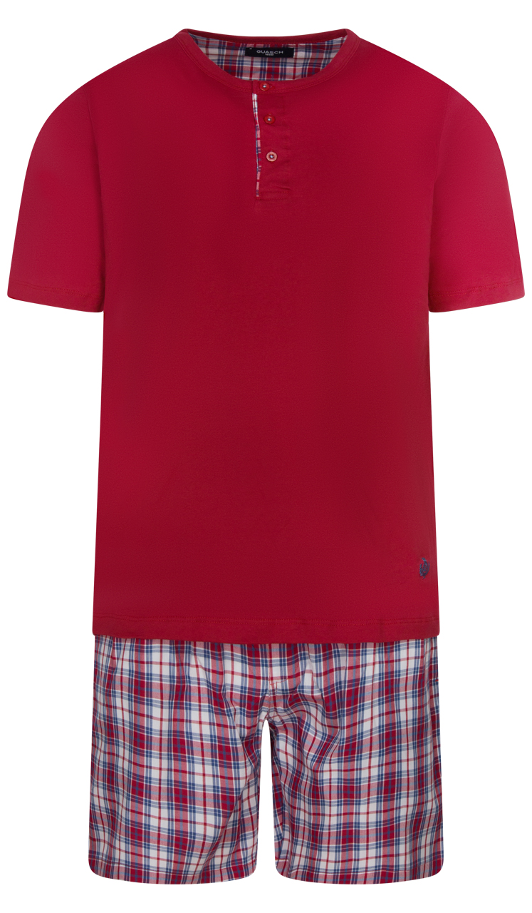 pyjama court guasch en coton rouge avec manches courtes et col tunisien